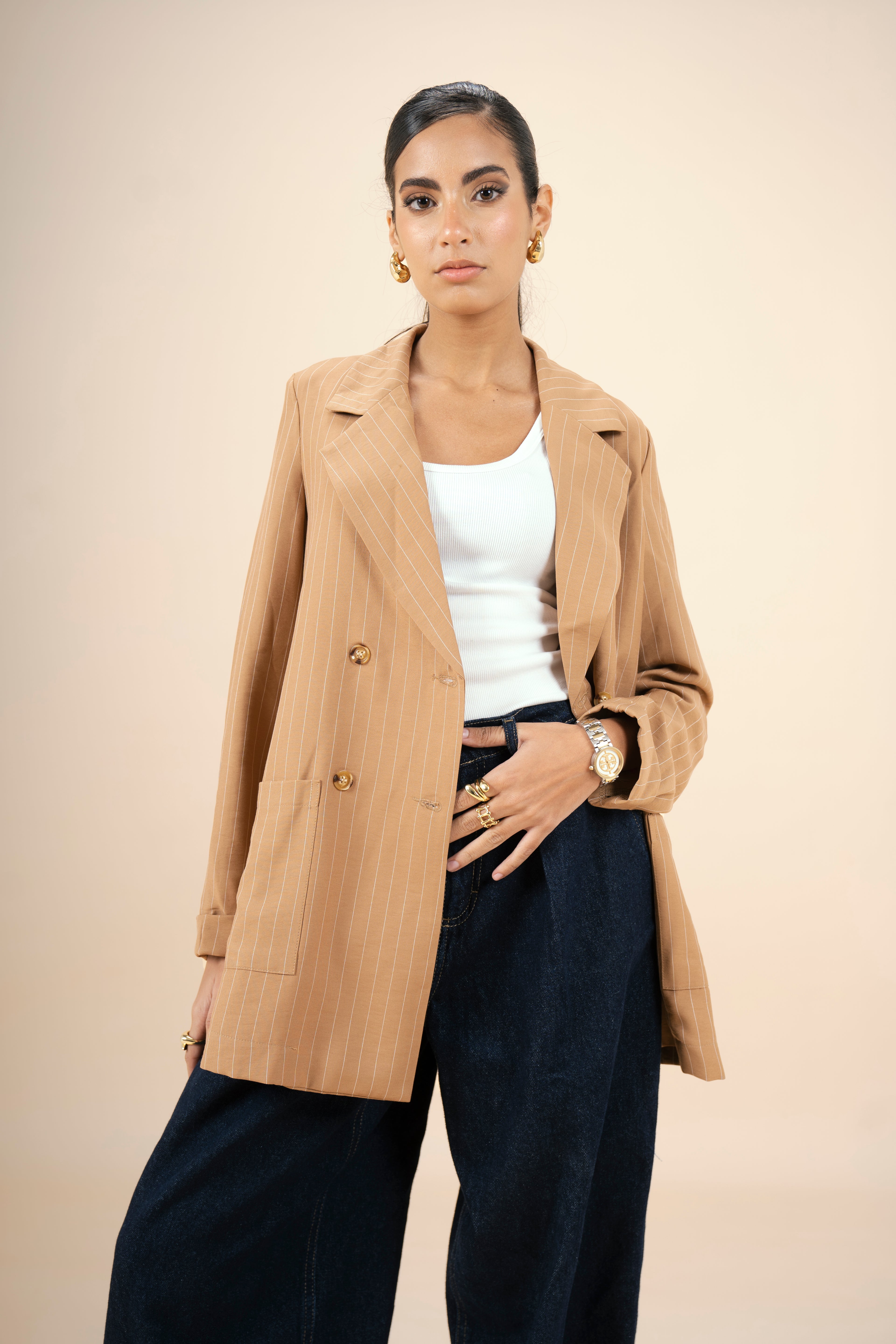 Pinstriped Blazer - Camel