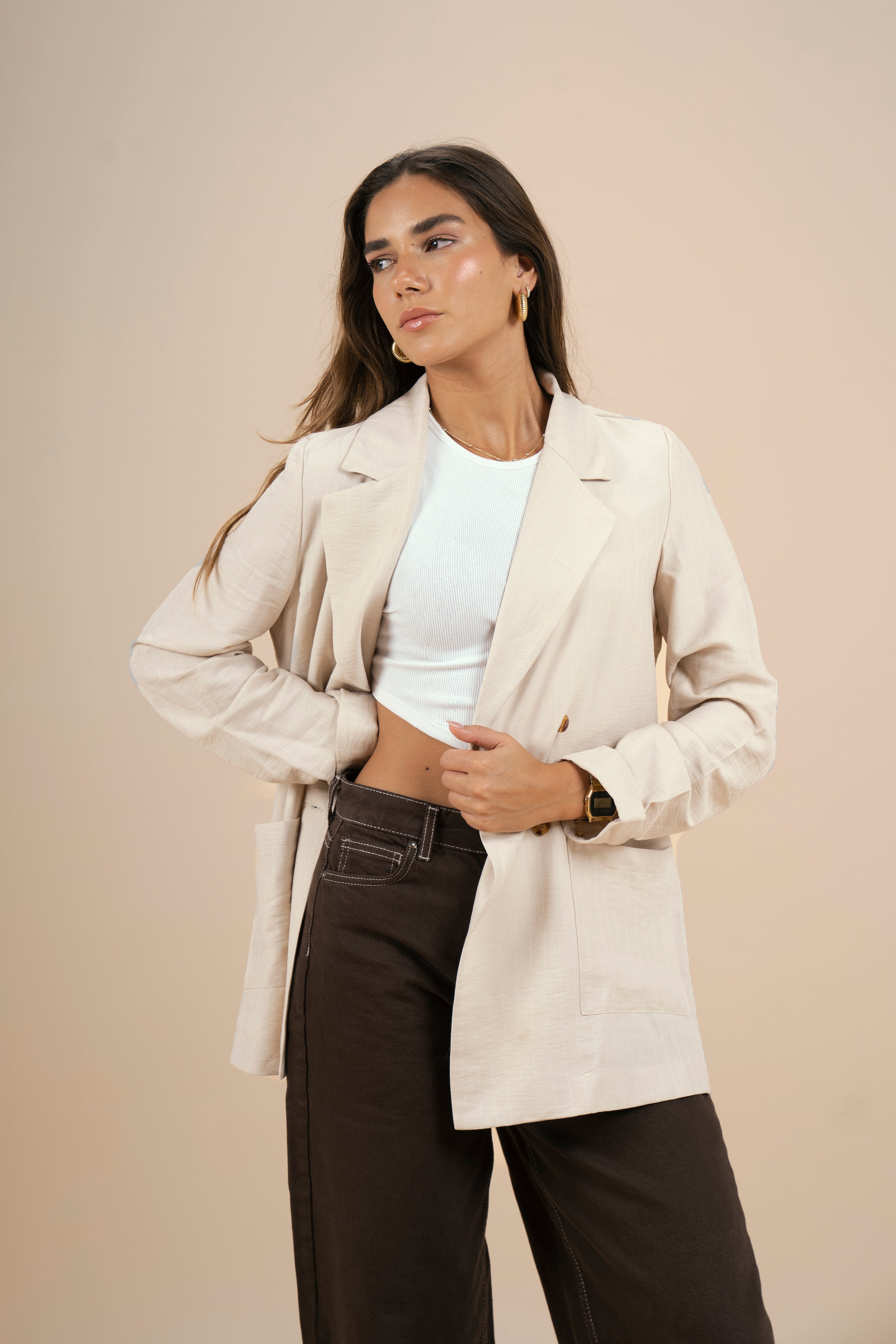 Pinstriped Blazer - Light Beige
