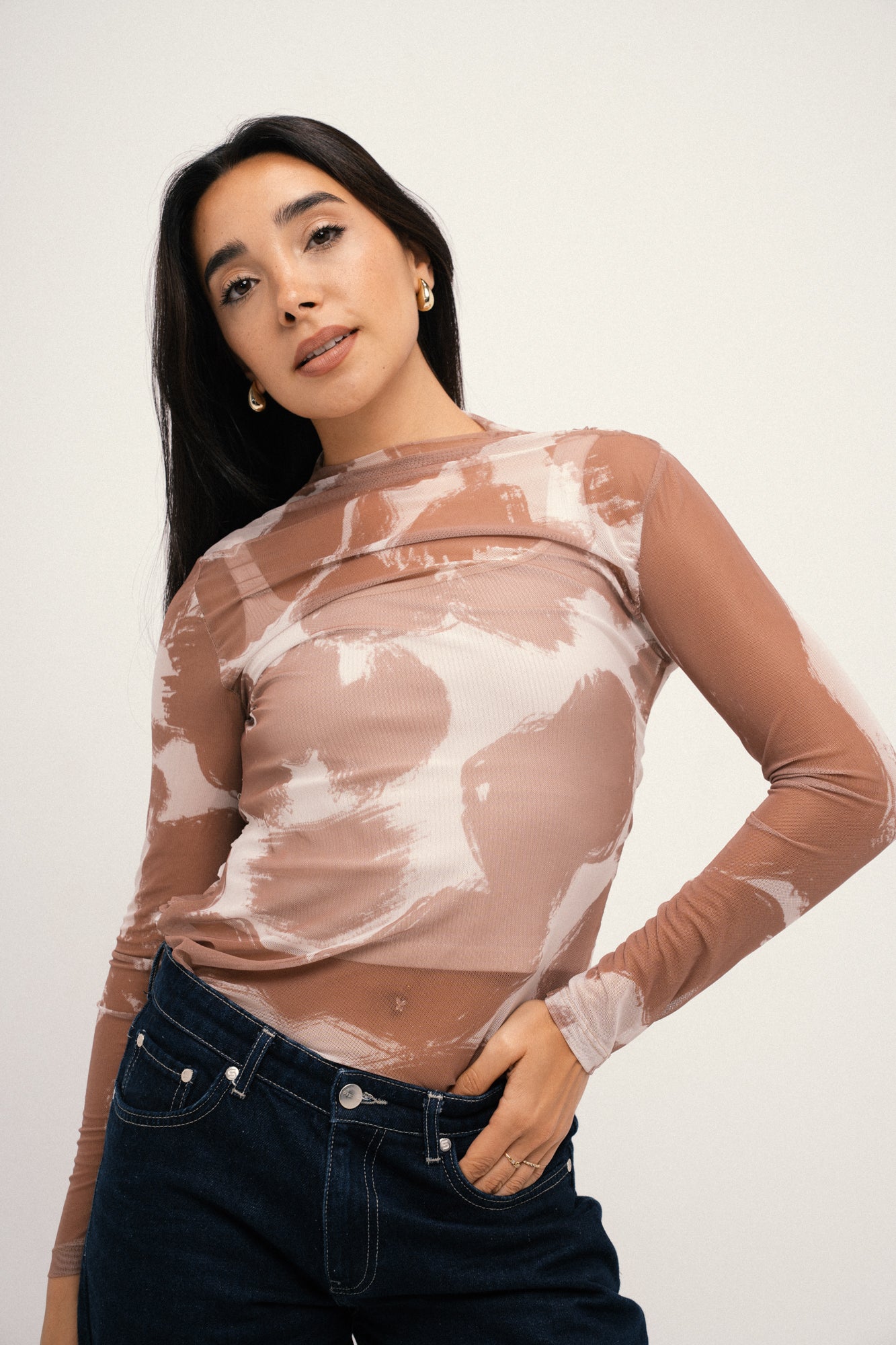 Inkwave Mesh Top - Brown