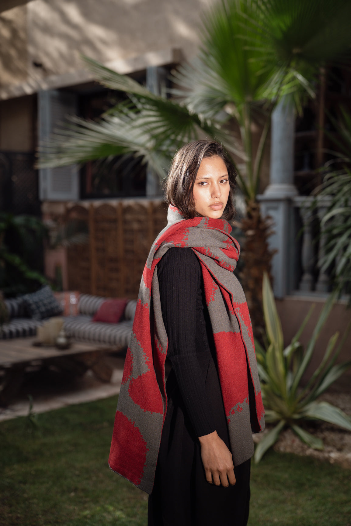 Areeba Shawl - Olive X Maroon