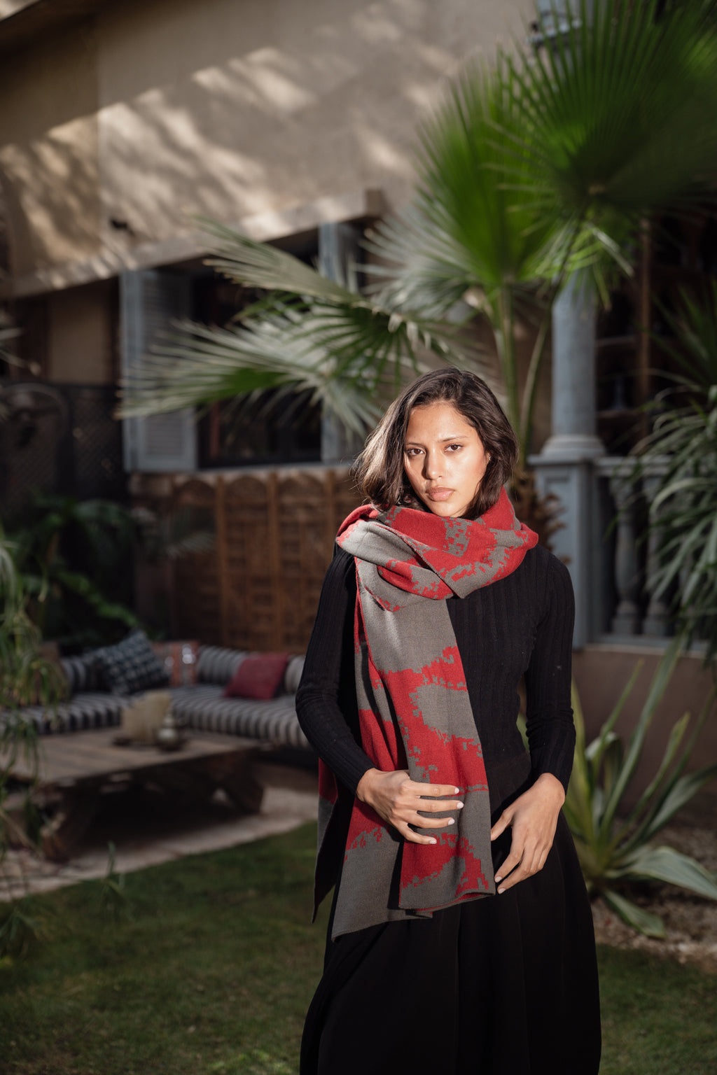 Areeba Shawl - Olive X Maroon