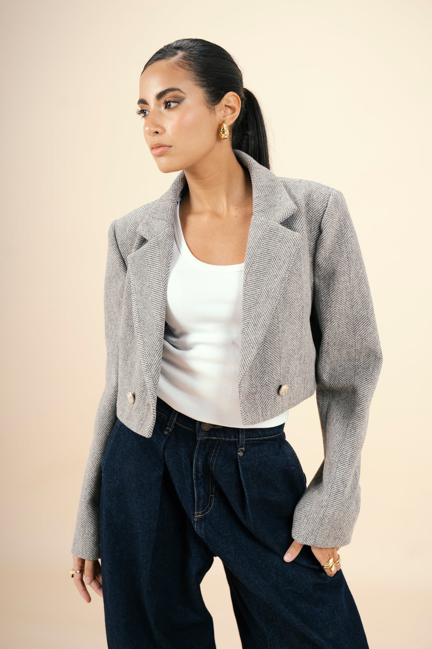 Lined Cropped Blazer - Grey