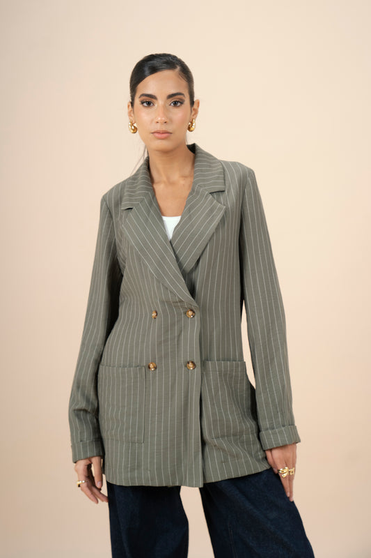 Pinstriped Blazer - Olive