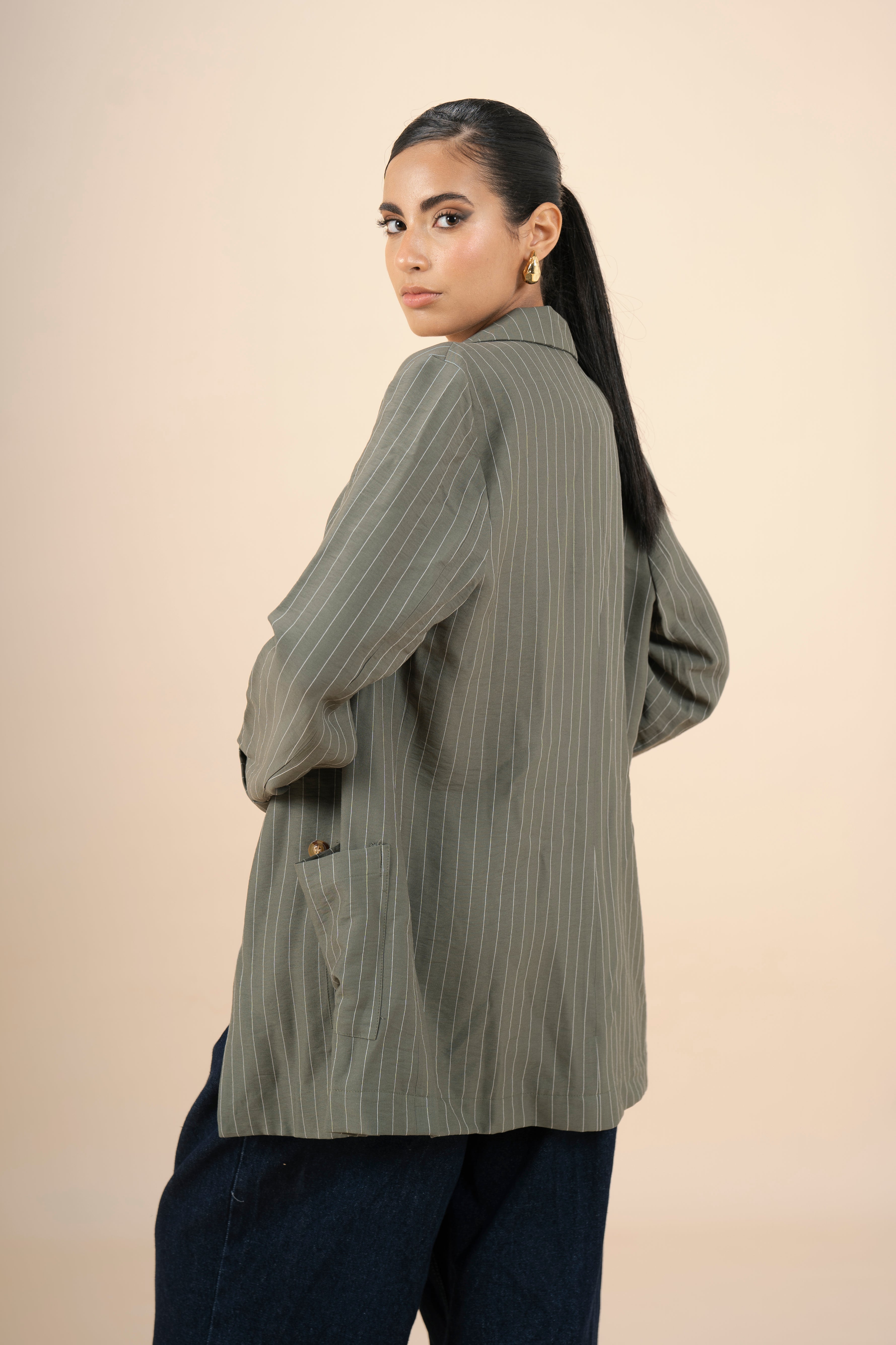 Pinstriped Blazer - Olive