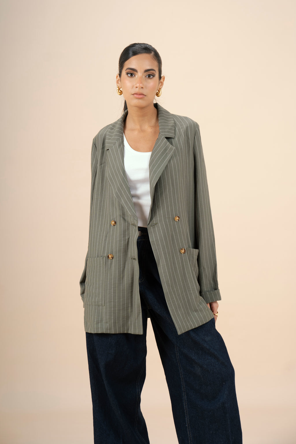 Pinstriped Blazer - Olive