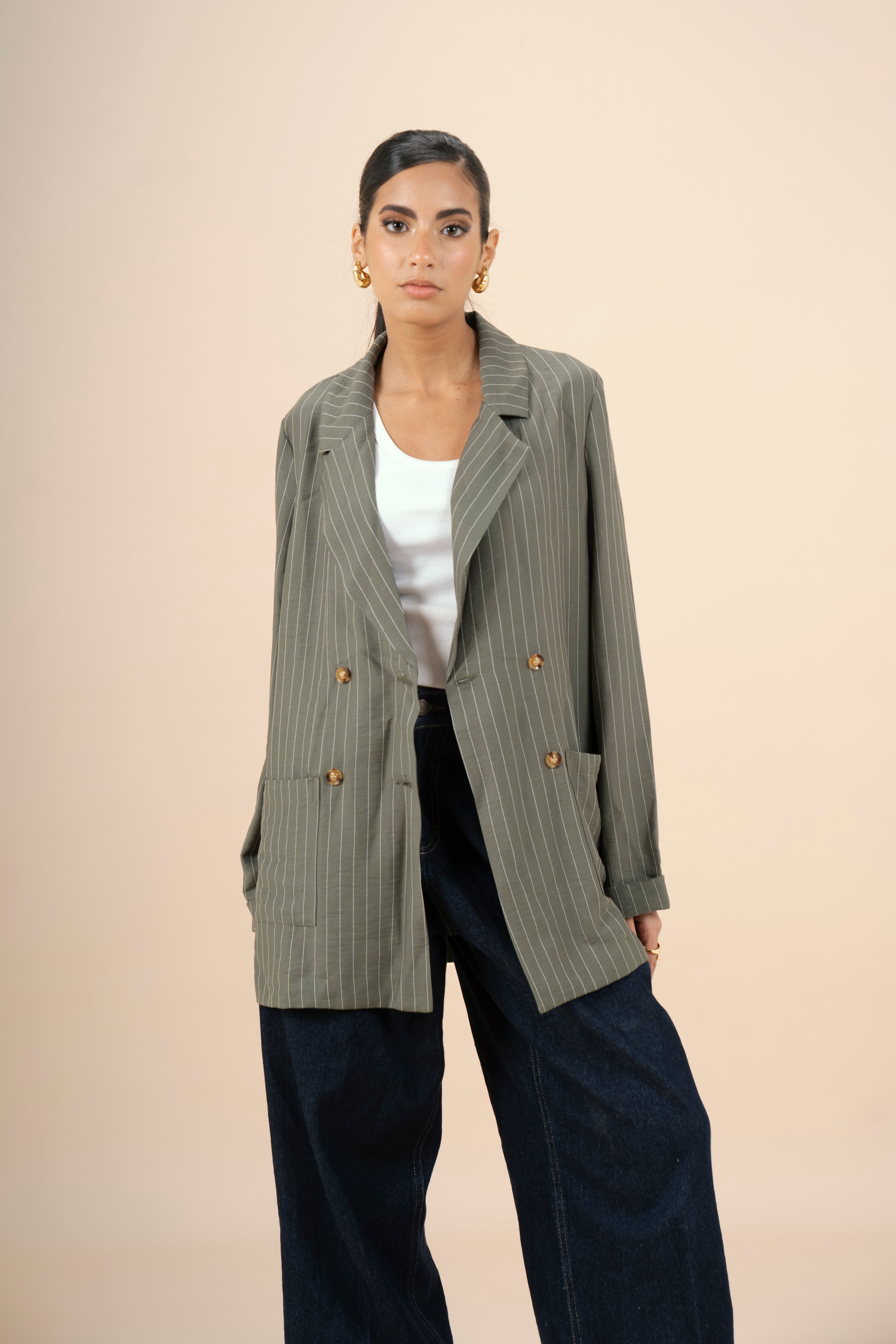 Pinstriped Blazer - Olive