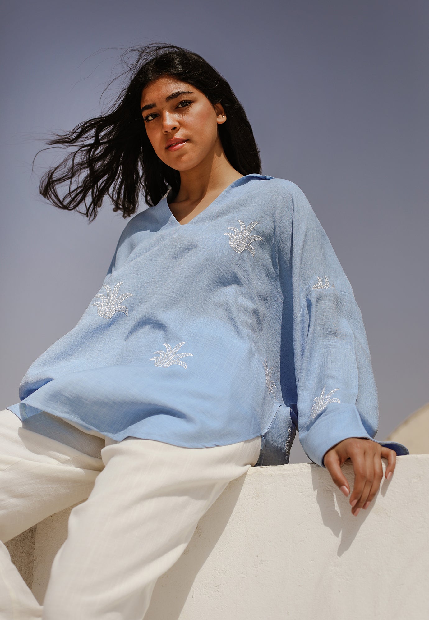 Cactus Stitched Shirt - Sky Blue