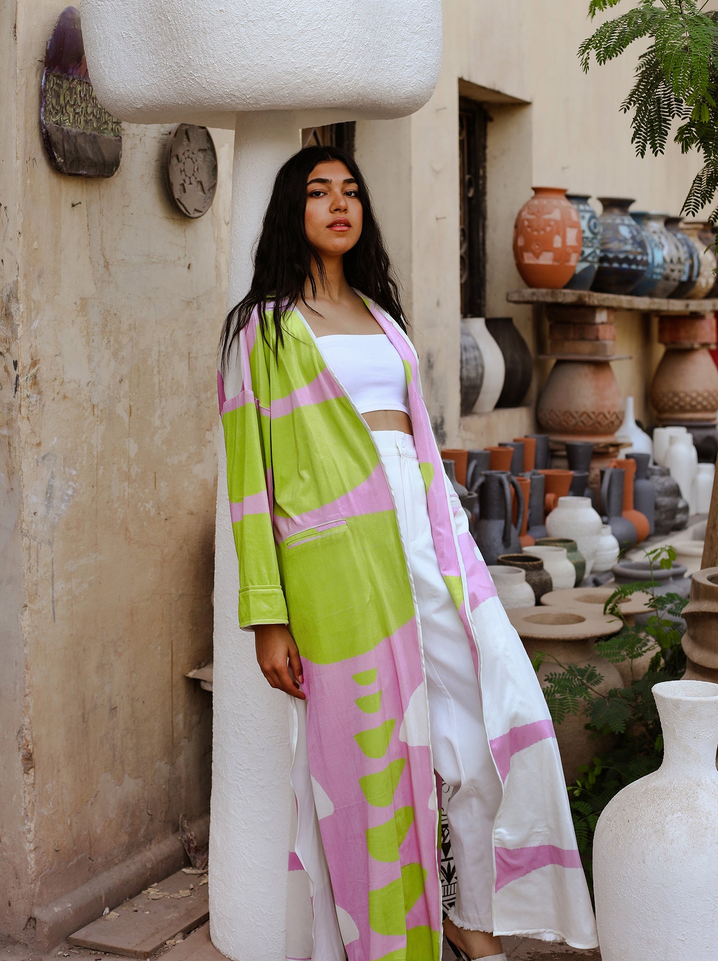 Pot Velvet Kimono - Lilac X Lime Green