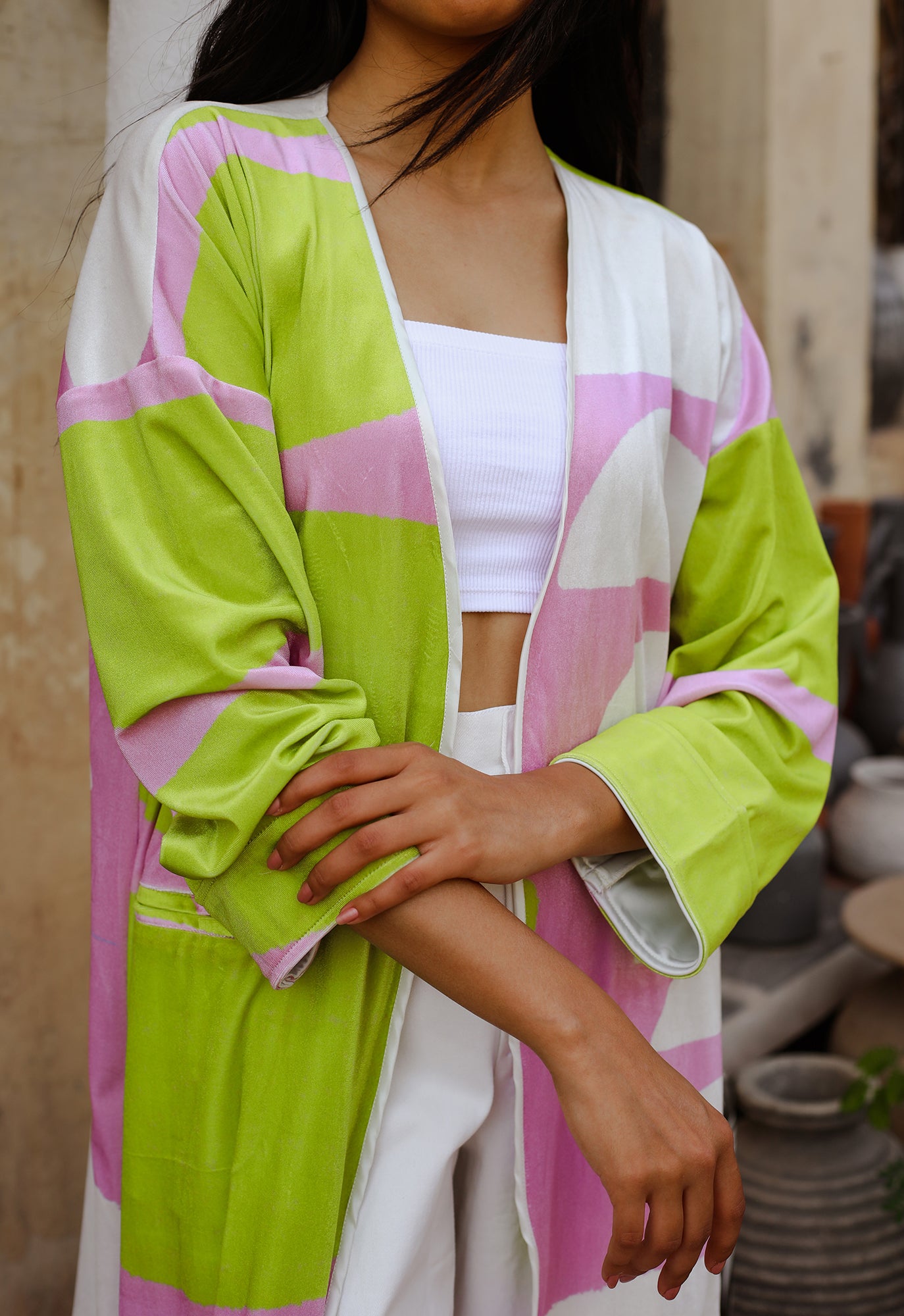 Pot Velvet Kimono - Lilac X Lime Green